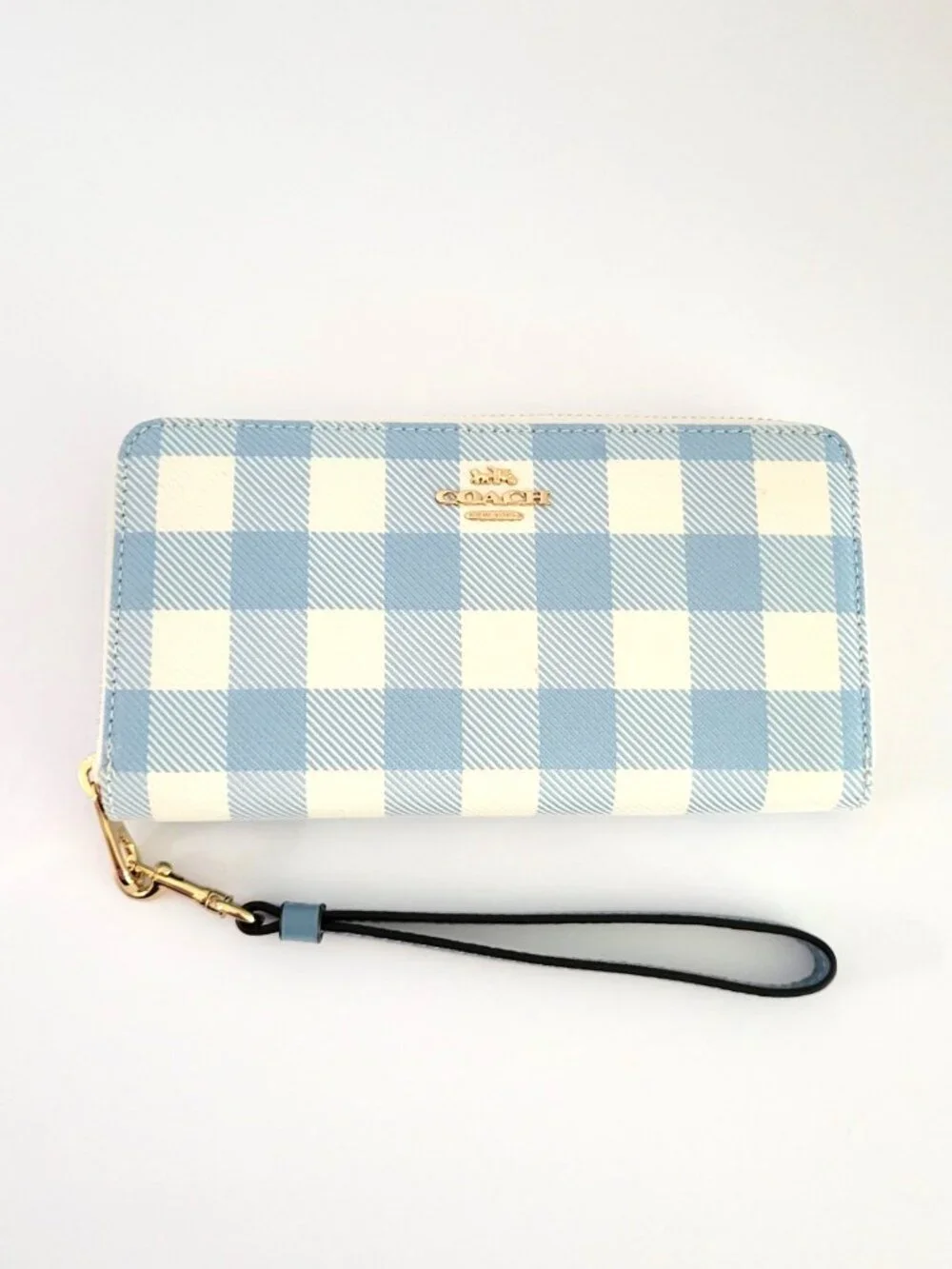 Coach CFA13 Long Zip Around Wallet Jacquard Gingham Print Wristlet Blue Multi